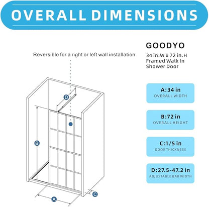 Goodyo 34" x 72" Shower Door Tempered Glass Shower Screen - Image 2