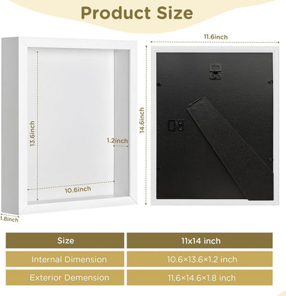 2 Pack Shadow Box Frame 11"x 14" - Wood Deep Shadowbox with Glass Shadow Boxes Display Cases Suitable for Photos, Dried Flowers, Handicrafts Picture Frames for Wall Hanging Tabletop (White)
