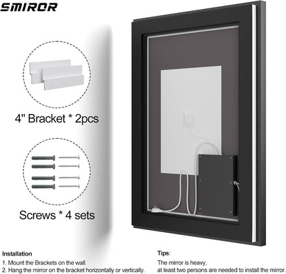 SMIROR 44x30 Black Framed LED Lighted Bathroom Vanity Mirror for Wall | Front Lit and Backlit, 3 Color Lighting, Anti-Fog, Memory, Tempered Glass, Rectangle, Horizontal/ Vertical Mounted