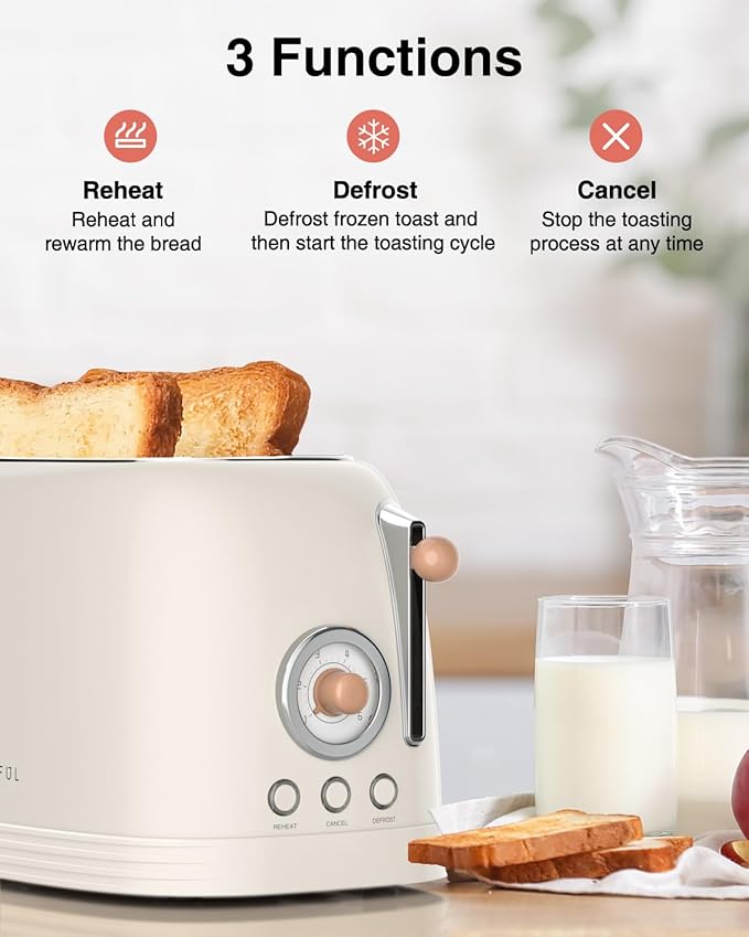 CROWNFUL 2-Slice Toaster, Extra Wide Slots Toaster, Retro Stainless Steel - Image 3
