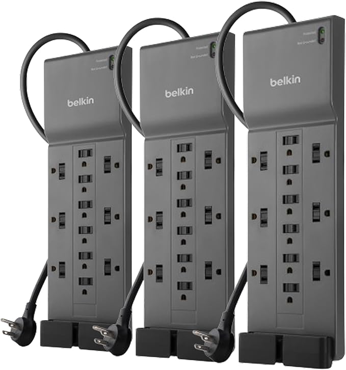 Belkin 12-Outlet Surge Protector Power Strip w/ 12 AC Outlets & 8ft Flat Plug (3 Pack)