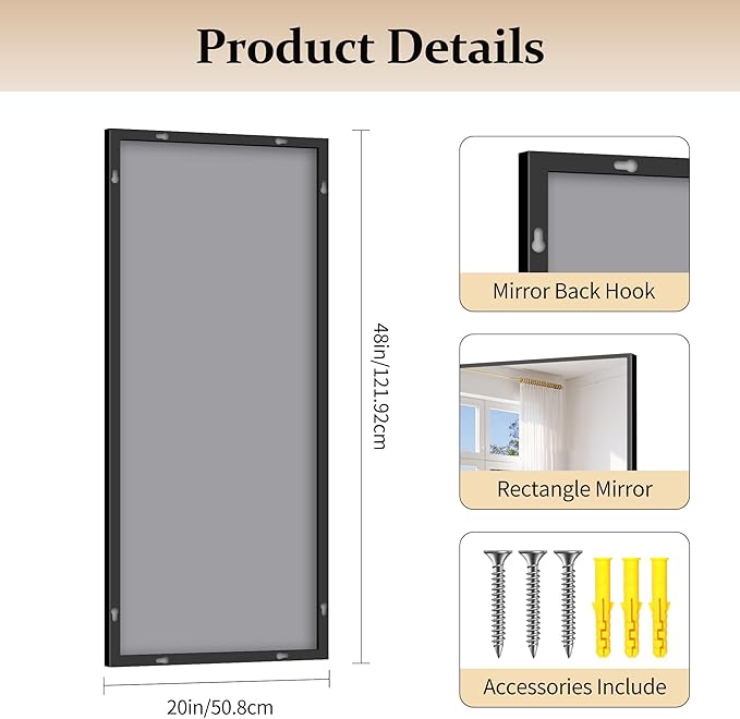Black Bathroom Mirror for Wall, 20x48 Inch Rectangle Mirror - Image 5