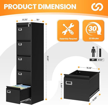 5 Drawer File Cabinet with Lock, Metal Filing Cabinets - Image 3