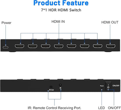 HDMI Switch 7 in 1 Out 4K@60Hz, 7 Port HDMI Switcher Selector Support HDR & - Image 3