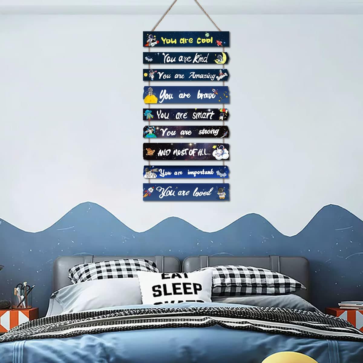 JEVUVU Outer Space Room Decor for Teen Boys Aesthetic, Cool Bedroom Wall Decor for Baby Boy, Navy Blue Kids Wall Art Signs, Fun Stuff Black Decorations for Nursery Bed Room Dorm Classroom Bathroom