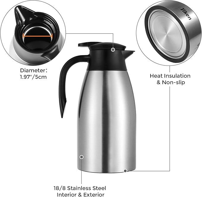 Tiken 68 Oz Thermal Coffee Carafe, Stainless Steel Insulated Vacuum Coffee - Image 4