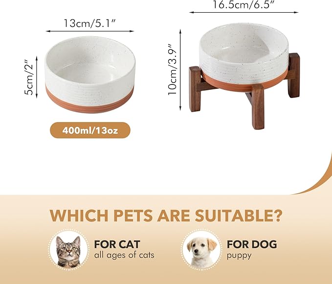 Ceramic 5.1inch Raised Dog and Cat Bowl Set, 2 Heights Elevated Wooden Stand - Image 2