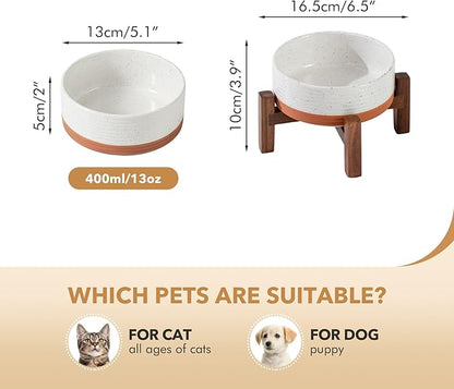 Ceramic 5.1inch Raised Dog and Cat Bowl Set, 2 Heights Elevated Wooden Stand - Image 2