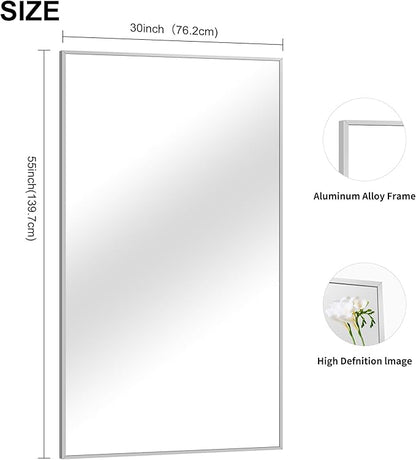 30x55In Silver Bathroom Mirror for Wall, Brushed Nickel Rectangle Mirrors - Image 4