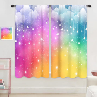 Colorful Rainbow Cloudy Aesthetic Stars Living Room Bedroom Window Curtains | 42"W x 63"L Girly Kids; colorfast print, 2 panels, rod pocket, easy to install,easy-care and washable.