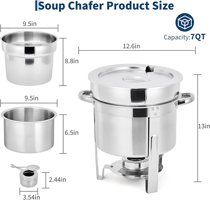 GarveeHome 7QT Soup Chafer Set of 2, Stainless Steel Round Soup Warmer - Image 5