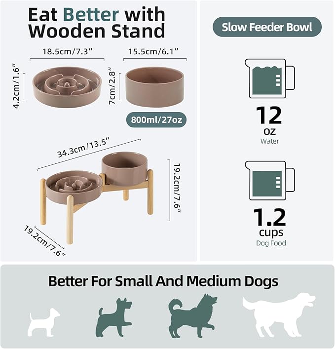 Ceramic 1.2 Cup Raised Slow Feeder Dog Bowl Set, Elevated 6.1inch Bowl and - Image 2