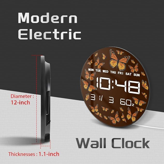 Timethink 12 Inch Butterfly Digital Wall Clock Large Display, Monarch - Image 2