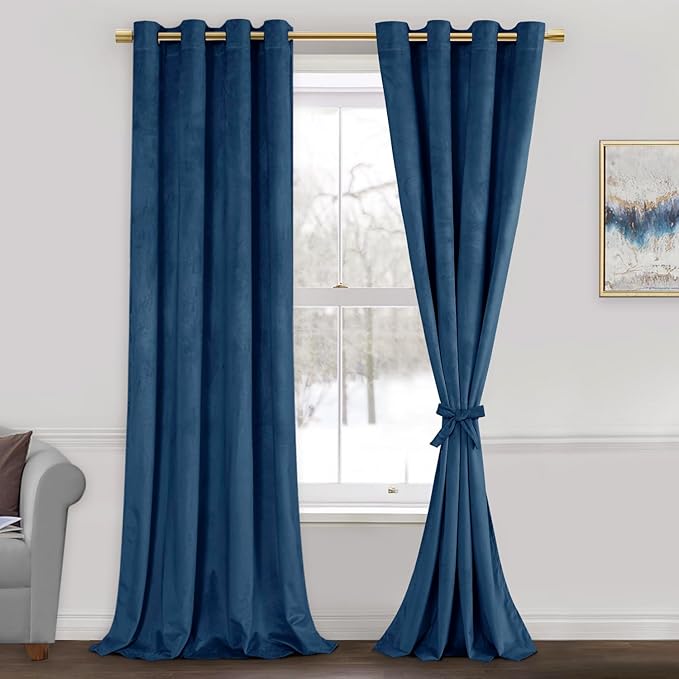 JIUZHEN Navy Velvet Curtains 90 inches Blackout Curtains by JIUZHEN