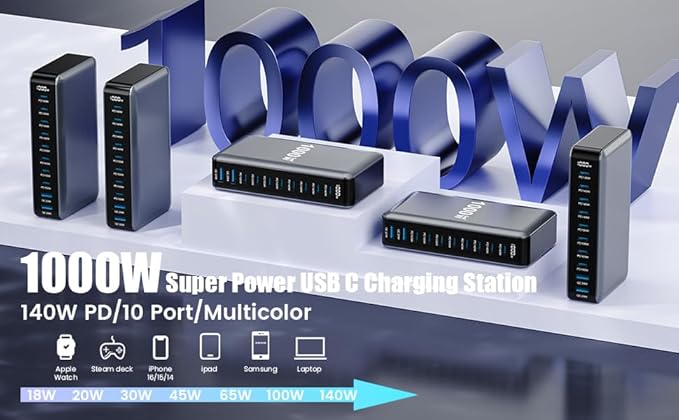 1000W USB C Charger Block, 10-Port USB C Charging Station GaN IV Travel - Image 8