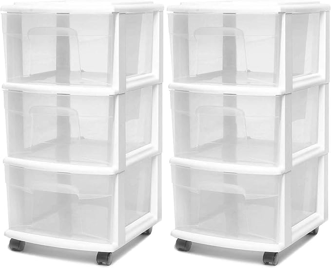 HOMZ 2-Pack Drawer Tower, 3-Tier Clear Plastic Storage Organizer Cart, and by Homz