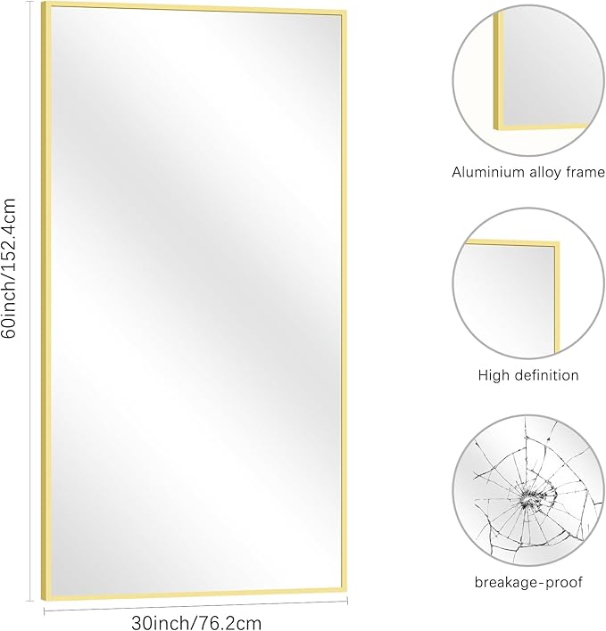 Gold Bathroom Mirror for Wall, 60x30 Inch Rectangle Mirrors - Image 3