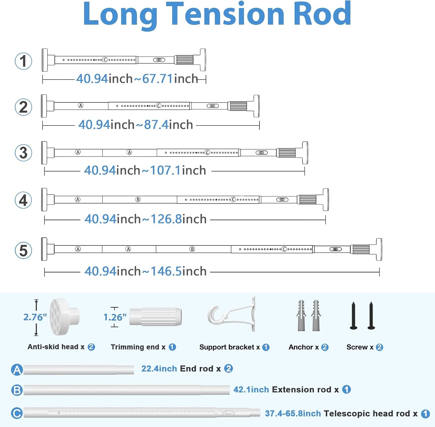 Long Tension Rod 39-144inch White Tension Curtain Rods no Drilling | 1.26" Diameter Outdoor Curtain Rod for Patio,Windows,Anywhere Heavy Duty Spring Rods Adjustable
