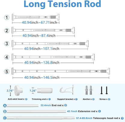 Long Tension Rod 39-144inch White Tension Curtain Rods no Drilling | 1.26" Diameter Outdoor Curtain Rod for Patio,Windows,Anywhere Heavy Duty Spring Rods Adjustable