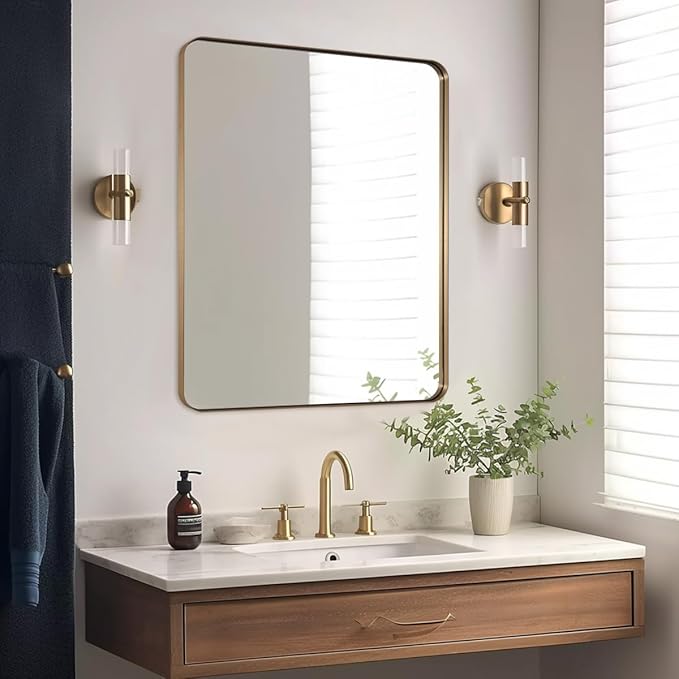 ANDY STAR Gold Bathroom Mirror, 30x36 Brushed Brass Rectangle Mirror by ANDYSTAR