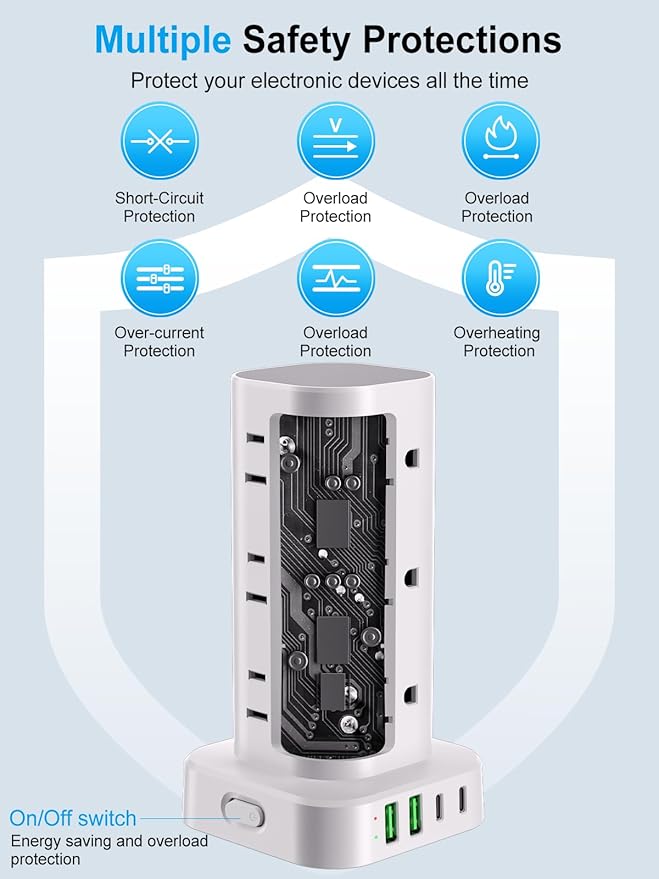Power Strip Tower with Wireless Charger, Flat Plug Surge Protector Tower with - Image 8