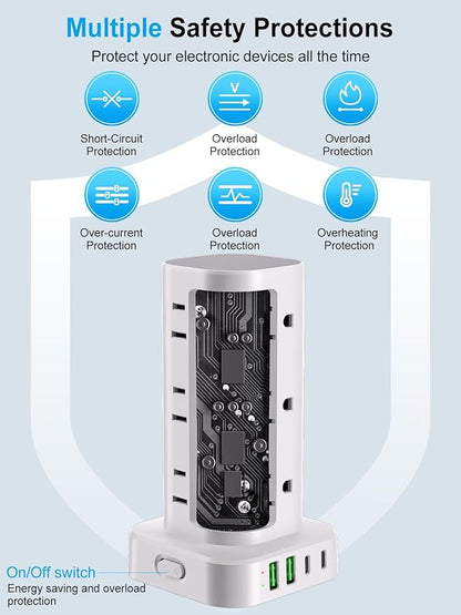 Power Strip Tower with Wireless Charger, Flat Plug Surge Protector Tower with - Image 8