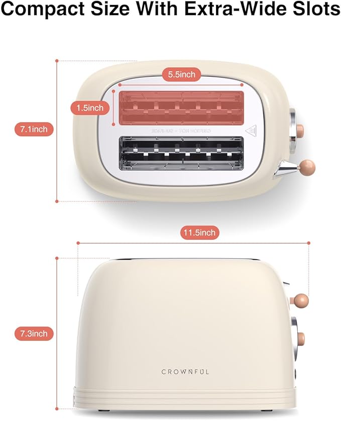 CROWNFUL 2-Slice Toaster, Extra Wide Slots Toaster, Retro Stainless Steel - Image 2