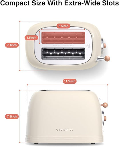 CROWNFUL 2-Slice Toaster, Extra Wide Slots Toaster, Retro Stainless Steel - Image 2