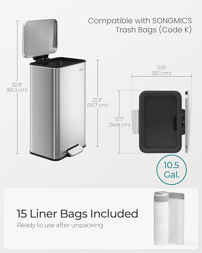 SONGMICS Kitchen Trash Can, 10.5 Gallon Garbage Can, Large Step Trash Bin - Image 8