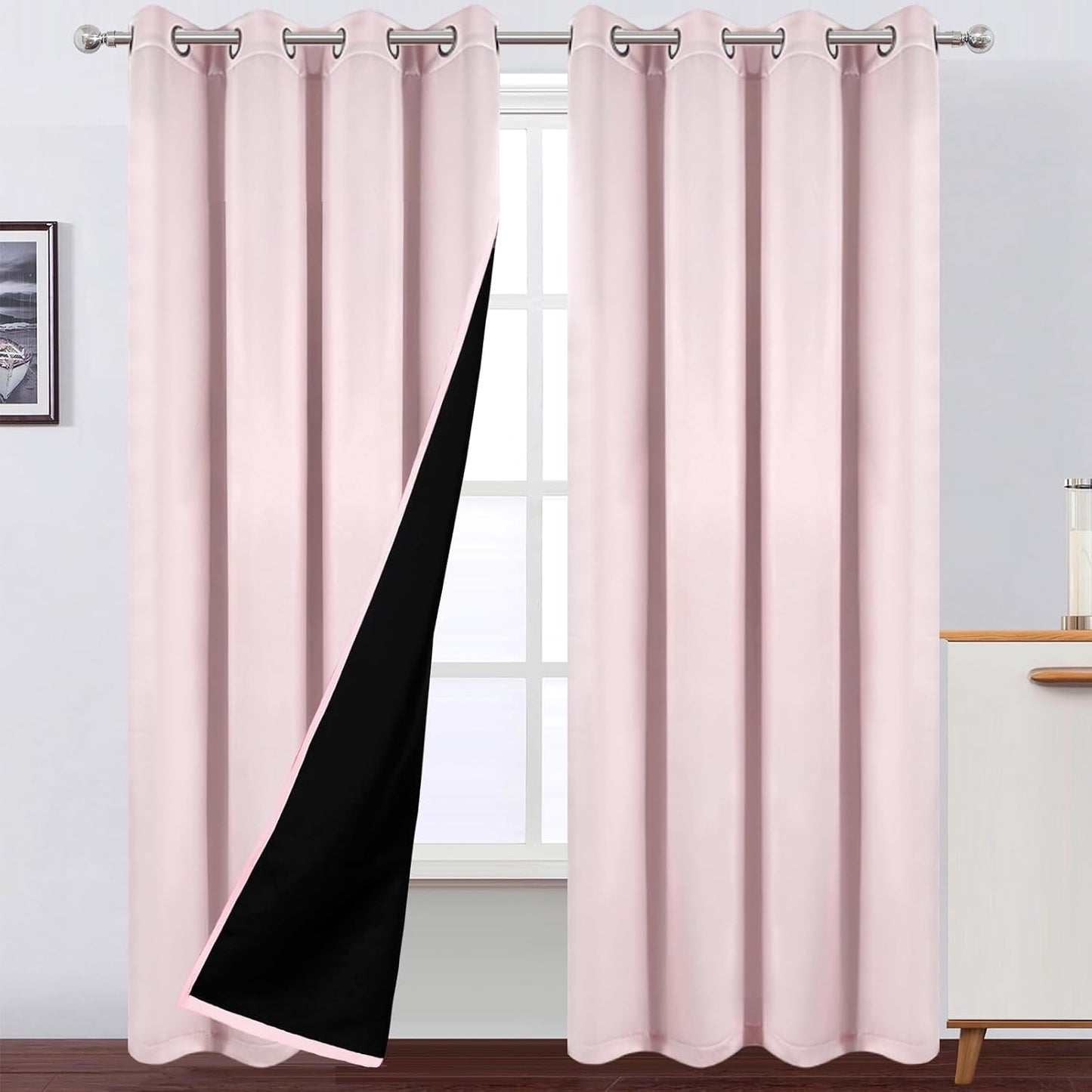 100% Blackout Curtains 52 x 84 Inches Long Thermal Insulated Baby Pink Curtains with Black Liner Set of 2 Panels for Nursery Room