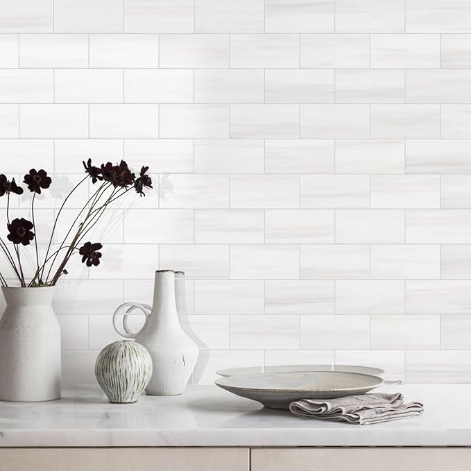 Vamos Tile 4-Piece Glossy Dolomite White Peel and Stick Backsplash Tile - Image 7