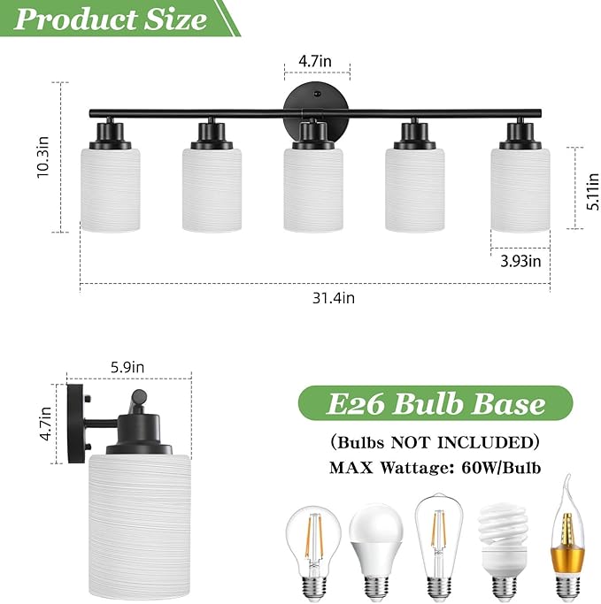 Guliaofo 5-Light Bathroom Light Fixtures, E26 Base Vanity Lights - Image 3