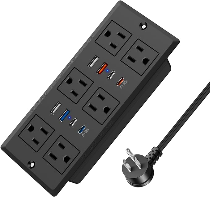 30W Recessed Power Strip USB C, Desk Flush Mount Outlet Plug in 6 AC & 8 USB by HEZI