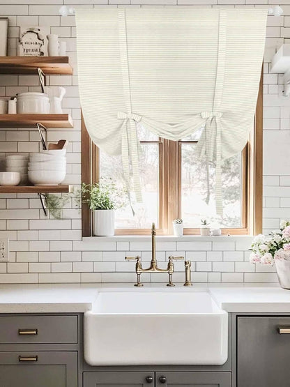 Beige Stripes Seamless Tie Up Curtains for Windows, Modern Minimalist Art Rod Pocket Window Shade Adjustable Balloon Curtain Valance for Bedroom Kitchen Bathroom Blinds 34x45in