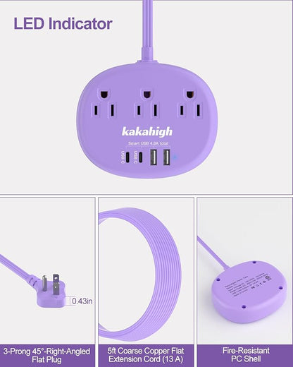 Purple Extension Cord with Surge Protected 1080J - 5 FT Flat Power Strip - Image 3