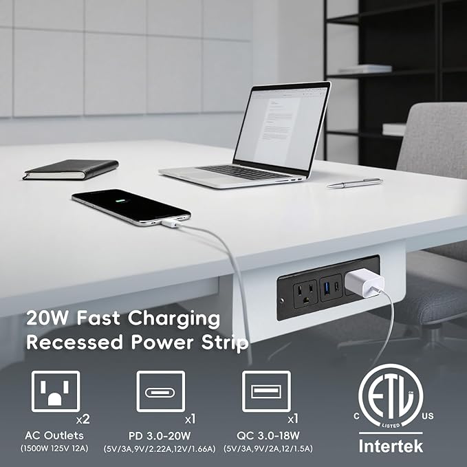 2 Pack 20W Recessed Power Strips USB, 2 AC + 1 USB-C + 1 USB-A, 6ft Cord - Image 2