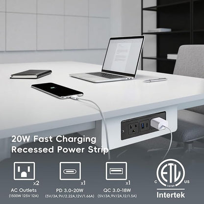 2 Pack 20W Recessed Power Strips USB, 2 AC + 1 USB-C + 1 USB-A, 6ft Cord - Image 2