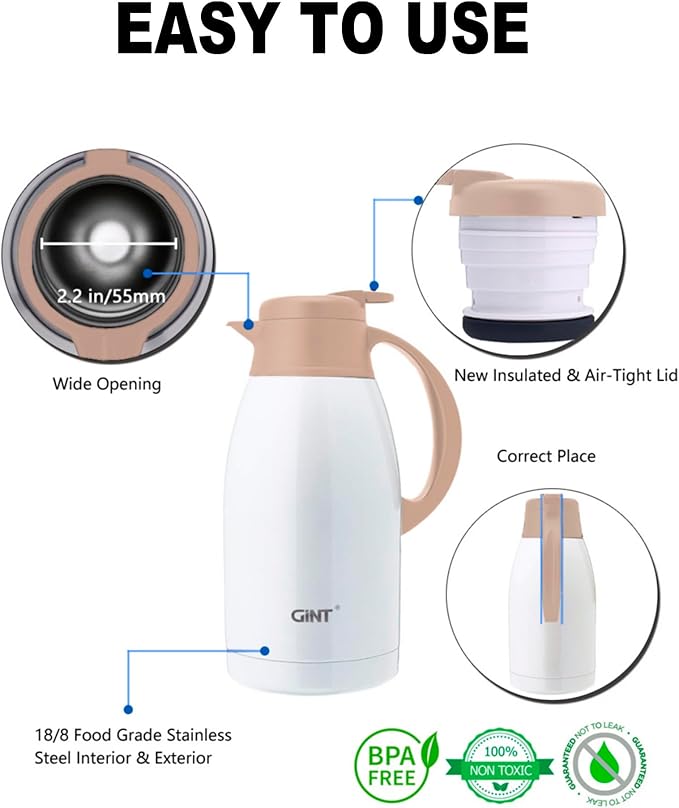 GiNT Stainless Steel Thermal Coffee Carafe, Double Walled Vacuum Thermal Carafe - Image 2