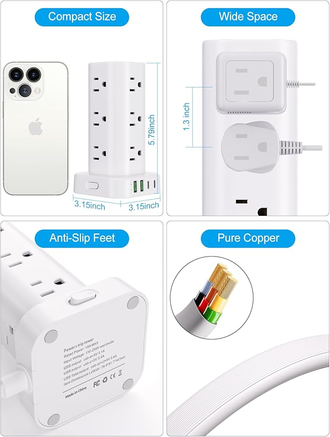 Power Strip Tower with Wireless Charger, Flat Plug Surge Protector Tower with - Image 7