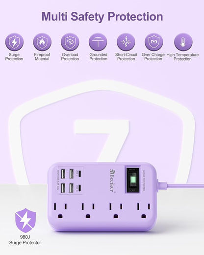 Beeiker 6 USB Purple Surge Protector Power Strip- 10 Ft Purple Extension Cord - Image 6