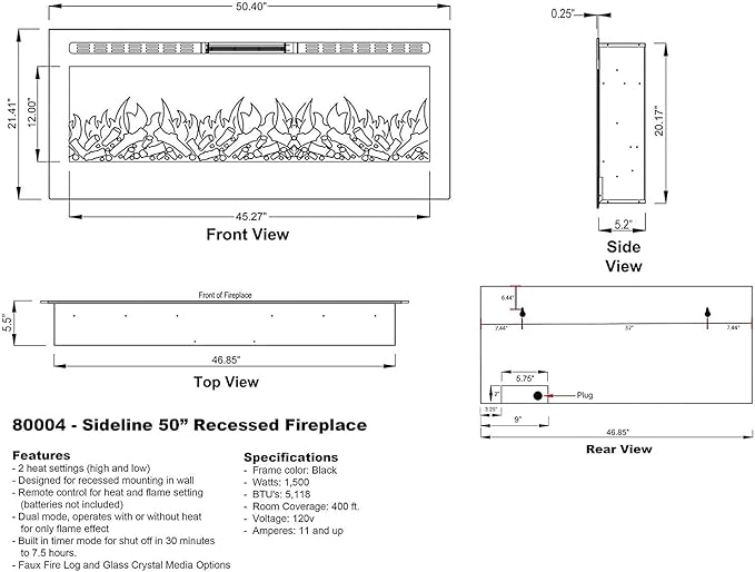 Touchstone Smart Electric Fireplace-The Sideline 50" Wide-in Wall Recessed - Image 10