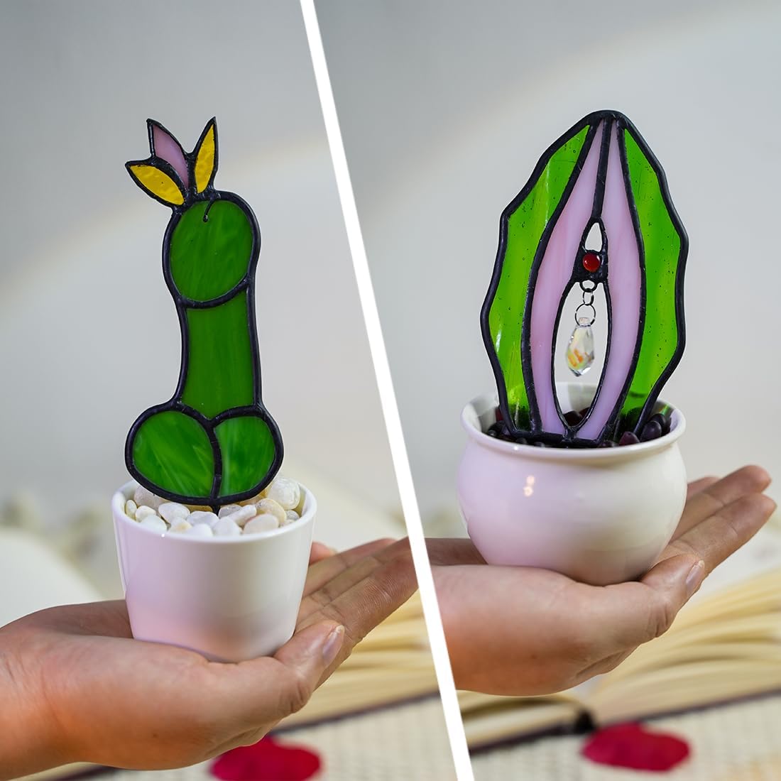 Cactus Decor Stained Glass Suncatcher,Cacti Decor Sun Catcher Indoor Window for Livingroom,Succulent Plant Ornament Cacti Suncatcher for Tabletop Windowsill Shelf(No Pot)