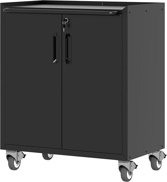 Metal Storage Cabinet with Wheels, Lockable Garage Storage Cabinet with Doors by BIZOEIRON
