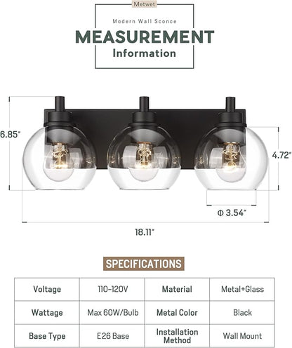 METWET Bathroom Light Fixtures, 3-Light Matte Black Vanity Light, Modern Wall - Image 2