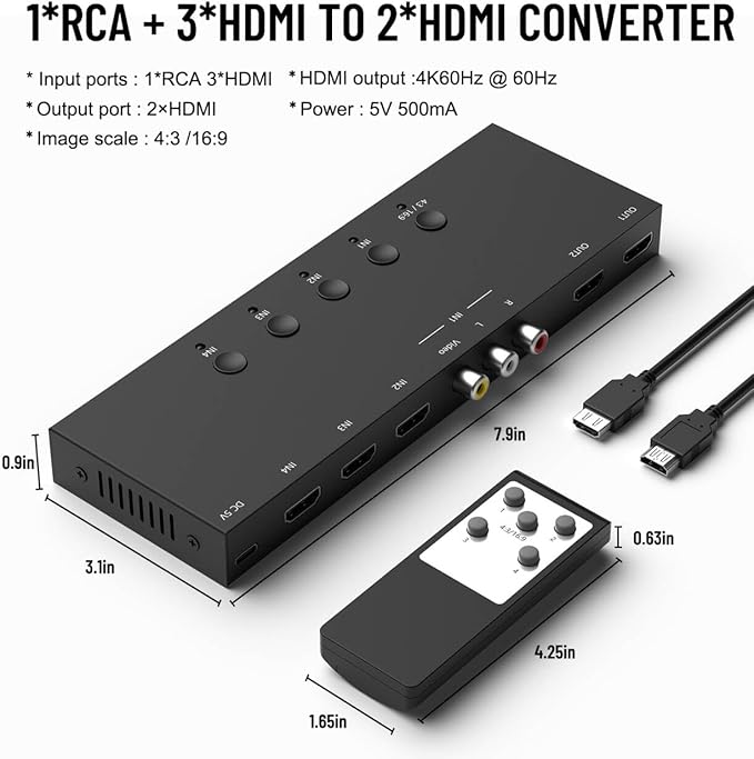 Dingsun 3 Way HDMI 2.0+ RCA to 2 Way HDMI Converter - Image 3