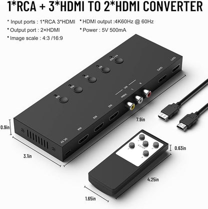 Dingsun 3 Way HDMI 2.0+ RCA to 2 Way HDMI Converter - Image 3