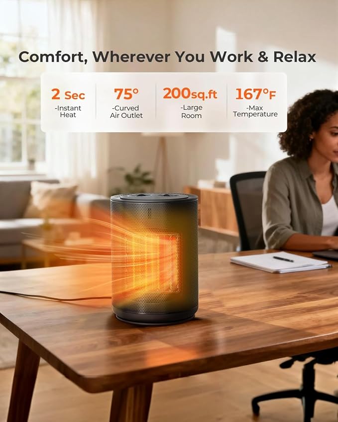 Portable Ceramic Space Heater w/Thermostat, 1500W Indoor Electric Mini Heater - Image 6