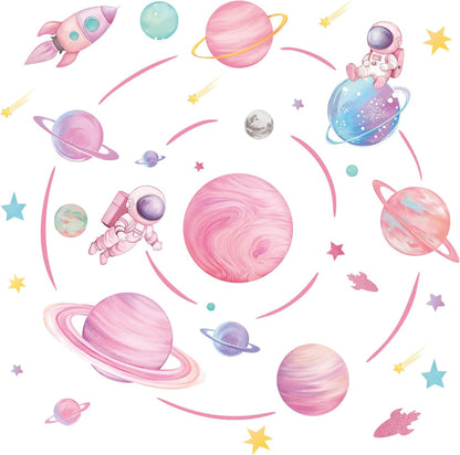 Pastel Pink Planet Orbits Wall Decals, Fantasy Outer Space Themed Wall Stickers with Rocket Astronaut and Stars for Kid's Bedroom, Nursery, Playoom, Peel and Stick Reusable