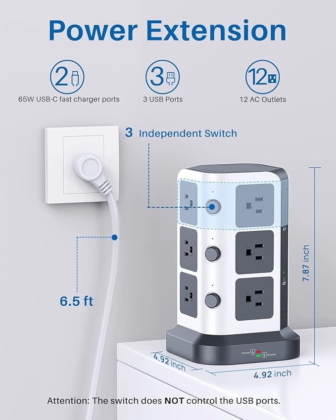 KOOSLA PD Power Strip Tower Surge Protector, USB C Desktop Charging Station - Image 2