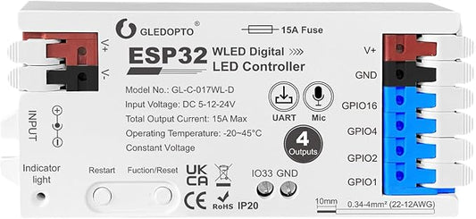 ESP32 WLED RGB IC LED Strip Controller 4 Channel Outputs 15A Fuse Mic Sound by GledoptoSmartHome